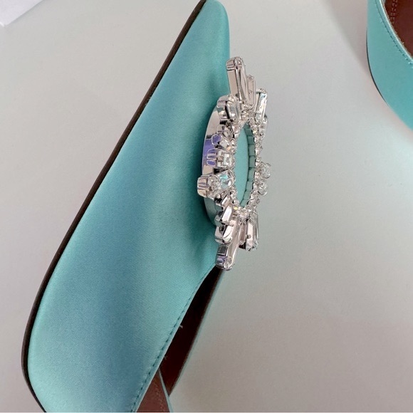 Amina Muaddi Begum Satin Slingback Pumps in Turquoise - Picture 8 of 10